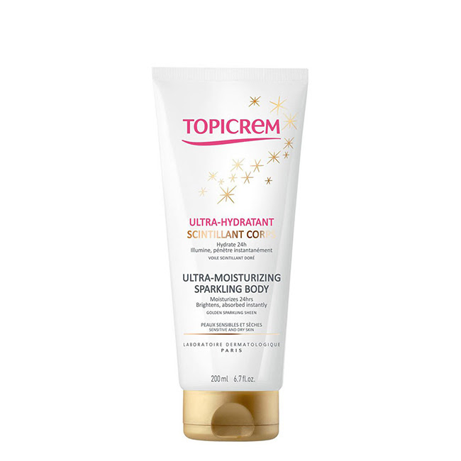 TopicremUltra-MoisturizingSparklingBody200ml Bottle of Topicrem Ultra-Moisturizing Sparkling Body by Topicrem, a lotion indicated for hydrating and brightening sensitive skin.
