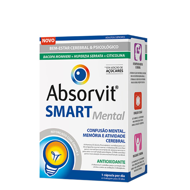 AbsorvitSmartMentalCapsulesx30 Box of Absorvit Smart Mental Capsules by Absorvit, a food supplement indicated for brain well-being and mental balance.
