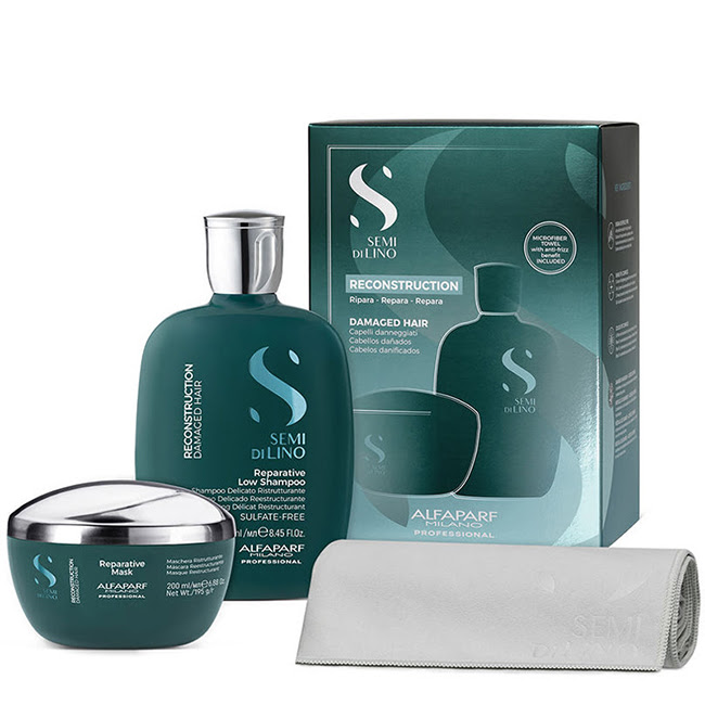 AlfaparfMilanoSemidiLinoReconstructionSet Box of Alfaparf Milano Semi di Lino Reconstruction Set, a hair care kit indicated for restoring and repairing damaged hair.