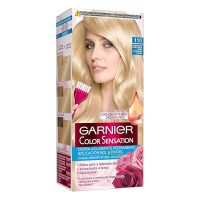 Box  of  Garnier  Color  Sensation  Permanent  Hair  Color  110  Extra  Light  Blonde  by  Garnier,  a  hair  dye  indicated  for  full  gray  hair  coverage.