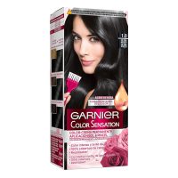 Box  of  Garnier  Color  Sensation  Permanent  Hair  Color  1  Ultra  Black  by  Garnier,  a  hair  dye  indicated  for  full  gray  hair  coverage.