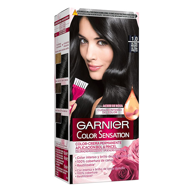 GarnierColorSensationPermanentHairColor1UltraBlack110g Box of Garnier Color Sensation Permanent Hair Color 1 Ultra Black by Garnier, a hair dye indicated for full gray hair coverage.