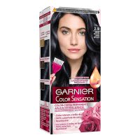 Box  of  Garnier  Color  Sensation  Permanent  Hair  Color  2.10  Bluish  Black  by  Garnier,  a  hair  dye  indicated  for  full  gray  hair  coverage.