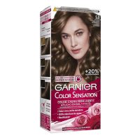 Box  of  Garnier  Color  Sensation  Permanent  Hair  Color  5.0  Luminous  Brown  by  Garnier,  a  hair  dye  indicated  for  full  gray  hair  coverage.