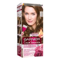 Box  of  Garnier  Color  Sensation  Permanent  Hair  Color  6.0  Dark  Blonde  by  Garnier,  a  hair  dye  indicated  for  full  gray  hair  coverage.