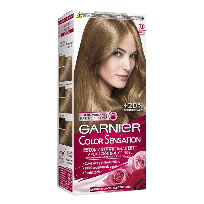 GarnierColorSensationPermanentHairColor7.0Blonde110g Box of Garnier Color Sensation Permanent Hair Color 7.0 Blonde by Garnier, a hair color cream for intense root touch-up.