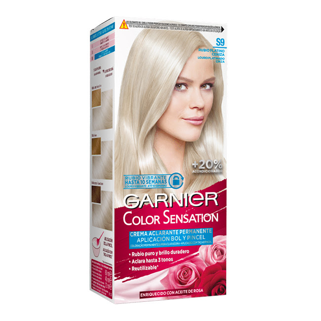 GarnierColorSensationPermanentHairColorS9GreyPlatinumBlonde120g Box of Garnier Color Sensation Permanent Hair Color S9 Grey Platinum Blonde by Garnier, a hair color cream for intense root touch-up.