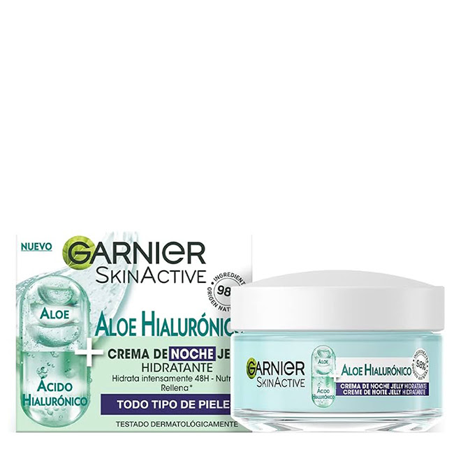 GarnierSkinActiveHyaluronicAloeNightCream50ml Jar of Garnier SkinActive Hyaluronic Aloe Night Cream by Garnier, a refreshing gel cream indicated for nourishing all skin types.