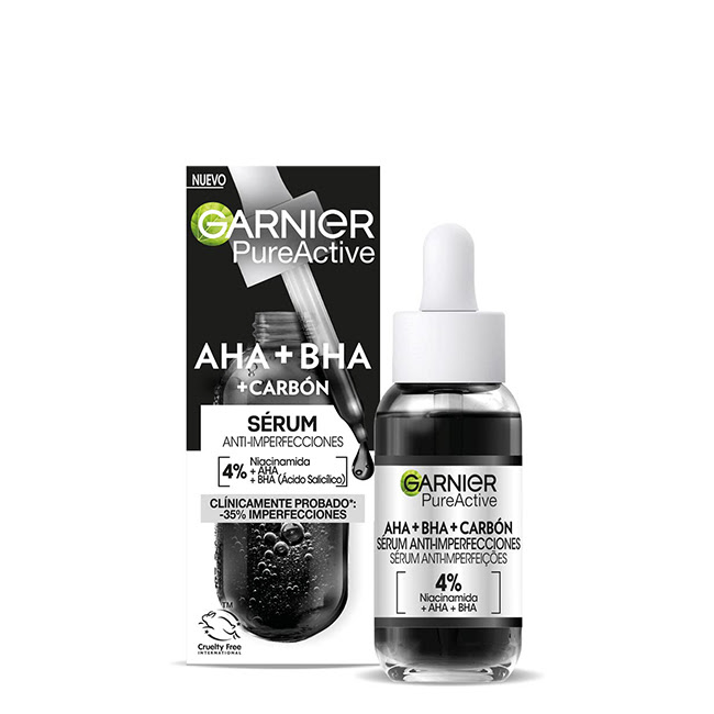 GarnierSkinActivePureActiveAHA+BHA+CharcoalAnti-ImperfectionSerum30ml Bottle of Garnier SkinActive PureActive AHA