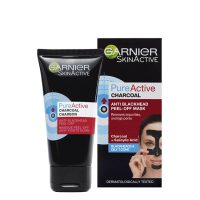 Tube  of  Garnier  SkinActive  PureActive  Charcoal  Peel-Off  Mask  by  Garnier,  a  peel-off  mask  indicated  for  reducing  blackheads  and  oiliness.