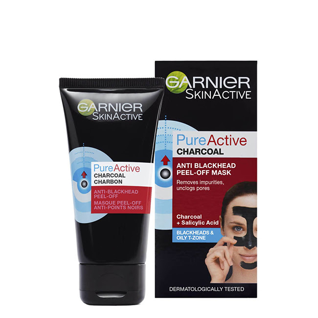 GarnierSkinActivePureActiveCharcoalAntiBlackheadPeel-OffMask50ml Tube of Garnier SkinActive PureActive Charcoal Peel-Off Mask by Garnier, a peel-off mask indicated for reducing blackheads and oiliness.