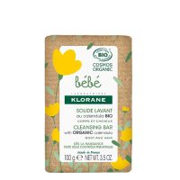 Product  container  of  Klorane  Baby  Bio  Cleansing  Bar  Body  and  Hair  by  Klorane,  a  solid  soap  indicated  for  cleansing  baby  skin  and  hair.
