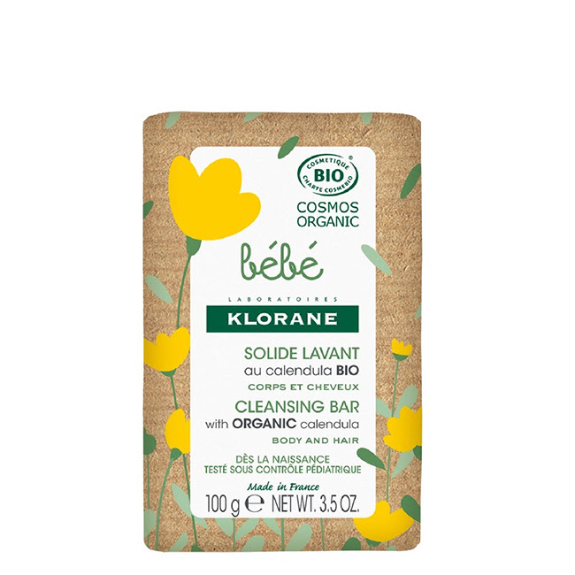 KloraneBabyBioCleansingBarBodyandHair100g Product container of Klorane Baby Bio Cleansing Bar Body and Hair by Klorane, a solid soap indicated for cleansing baby skin and hair.