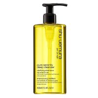 Bottle  of  Shu  Uemura  Pure  Serenity  Deep  Cleanser  Shampoo,  a  shampoo  indicated  for  deep  cleansing  and  removing  excess  sebum  from  oily  hair.