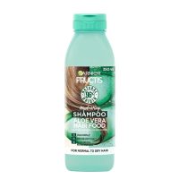 Bottle of Garnier Fructis Hair Food Aloe Vera Hydrating Shampoo by Garnier, a shampoo indicated for moisturizing normal to dry hair.