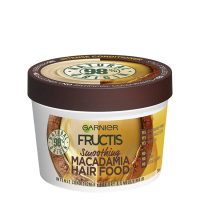 Jar  of  Garnier  Fructis  Hair  Food  Macadamia  Smoothing  Mask  by  Garnier,  a  smoothing  mask  indicated  for  purifying  dry  and  unruly  hair.