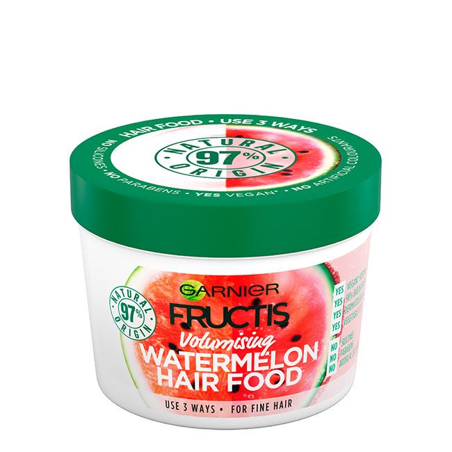 GarnierFructisHairFoodWatermelonVolumizingMask390ml Jar of Garnier Fructis Hair Food Watermelon Volumizing Mask by Garnier, a revitalizing mask indicated for moisturizing normal to fine hair.