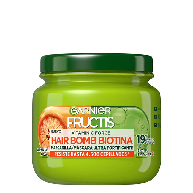 GarnierFructisVitaminForceHairBombBiotinMask320ml Jar of Garnier Fructis Vitamin Force Hair Bomb Biotin Mask by Garnier, a mask indicated for increasing hair mass.