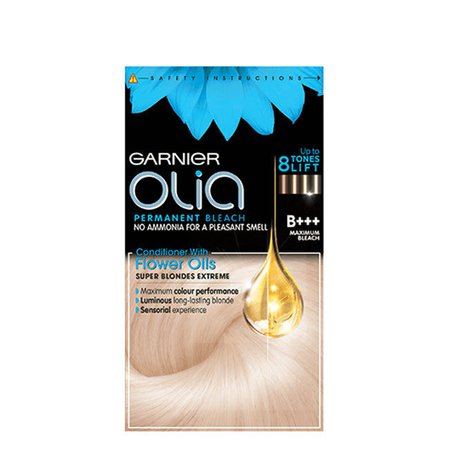 GarnierOLIANoAmmoniaPermanentBleach8MaximumBleach120g Product container of Garnier OLIA No Ammonia Permanent Bleach 8 Maximum Bleach by Garnier, a cream indicated for extreme blonde lift.