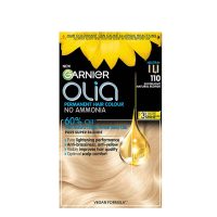 Product  container  of  Garnier  OLIA  Permanent  Hair  Color  110  Super  Light  Blonde  by  Garnier,  a  creamy  color  for  gray  hair  coverage.