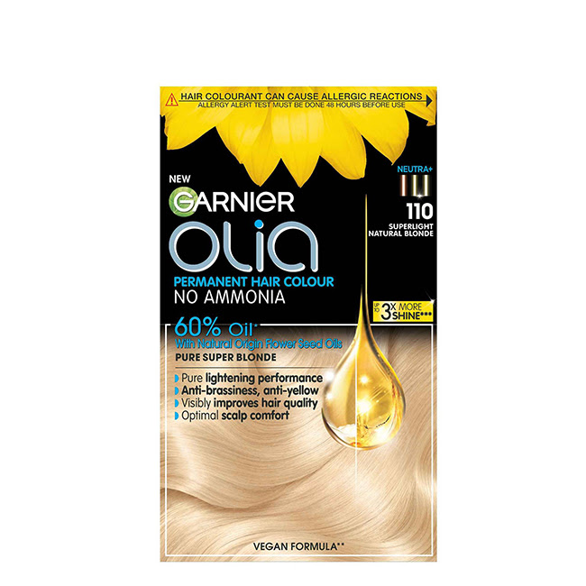 GarnierOLIAPermanentHairColor110SuperLightBlonde Product container of Garnier OLIA Permanent Hair Color 110 Super Light Blonde by Garnier, a creamy color for gray hair coverage.