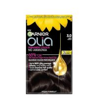 Product  container  of  Garnier  OLIA  Permanent  Hair  Color  3.0  Soft  Black  by  Garnier,  a  creamy  color  for  gray  hair  coverage.