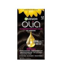 Product  container  of  Garnier  OLIA  Permanent  Hair  Color  4.0  Dark  Brown  by  Garnier,  a  creamy  color  for  gray  hair  coverage.