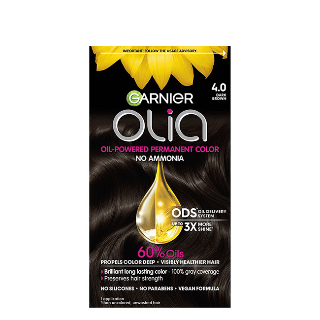 GarnierOLIAPermanentHairColor4.0DarkBrown Product container of Garnier OLIA Permanent Hair Color 4.0 Dark Brown by Garnier, a creamy color for gray hair coverage.