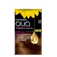Product  container  of  Garnier  OLIA  Permanent  Hair  Color  5.3  Golden  Brown  by  Garnier,  a  creamy  color  for  gray  hair  coverage.