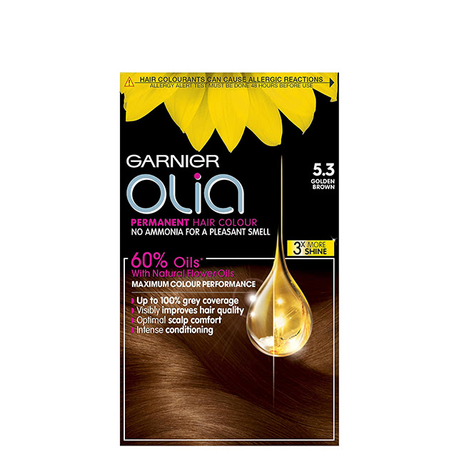 GarnierOLIAPermanentHairColor5.3GoldenBrown Product container of Garnier OLIA Permanent Hair Color 5.3 Golden Brown by Garnier, a creamy color for gray hair coverage.
