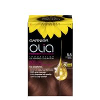 Product  container  of  Garnier  OLIA  Permanent  Hair  Color  5.5  Mahogany  Brown  by  Garnier,  a  creamy  color  for  gray  hair  coverage.