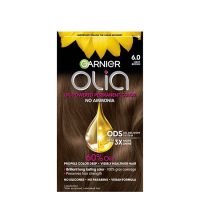 Product  container  of  Garnier  OLIA  Permanent  Hair  Color  6.0  Light  Brown  by  Garnier,  a  creamy  color  for  gray  hair  coverage.