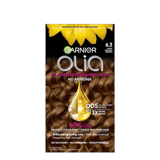 GarnierOLIAPermanentHairColor6.3GoldenLightBrown Product container of Garnier OLIA Permanent Hair Color 6.3 Golden Light Brown by Garnier, a creamy color for gray hair coverage.