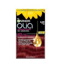 Product  container  of  Garnier  OLIA  Permanent  Hair  Color  6.60  Intense  Red  by  Garnier,  a  creamy  color  for  gray  hair  coverage.