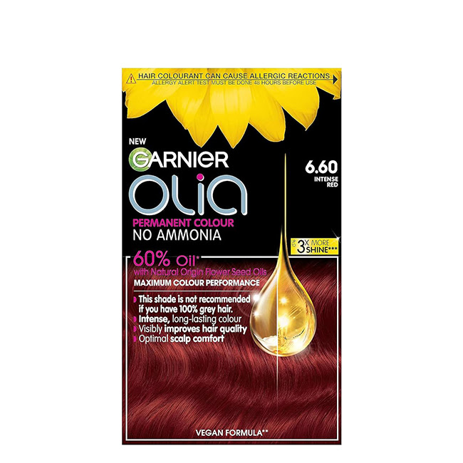 GarnierOLIAPermanentHairColor6.60IntenseRed Product container of Garnier OLIA Permanent Hair Color 6.60 Intense Red by Garnier, a creamy color for gray hair coverage.