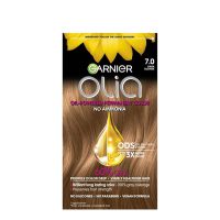 Product  container  of  Garnier  OLIA  Permanent  Hair  Color  7.0  Dark  Blonde  by  Garnier,  a  creamy  color  for  gray  hair  coverage.
