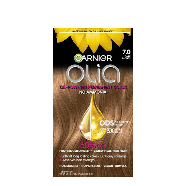 GarnierOLIAPermanentHairColor7.0DarkBlonde Product container of Garnier OLIA Permanent Hair Color 7.0 Dark Blonde by Garnier, a creamy color for gray hair coverage.