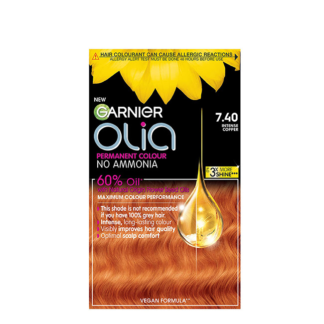 GarnierOLIAPermanentHairColor7.40IntenseCopper Product container of Garnier OLIA Permanent Hair Color 7.40 Intense Copper by Garnier, a creamy color for gray hair coverage.