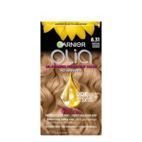 Product  container  of  Garnier  OLIA  Permanent  Hair  Color  8.31  Medium  Golden  Blonde  by  Garnier,  a  creamy  color  for  gray  hair  coverage.