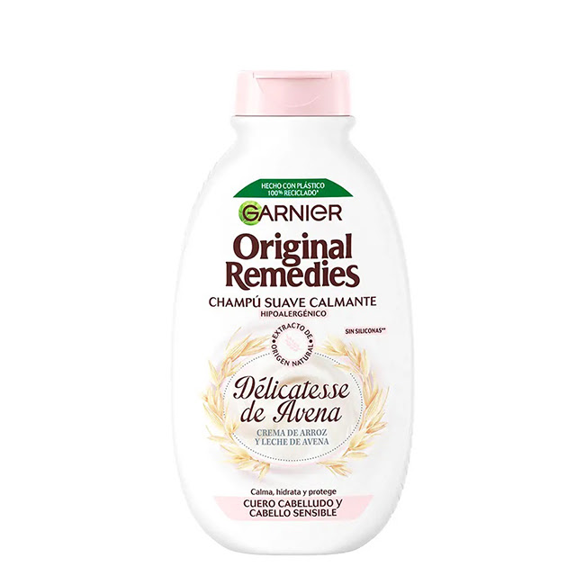 GarnierOriginalRemediesOatDélicatesseShampoo250ml Bottle of Garnier Original Remedies Oat Délicatesse Shampoo by Garnier, a shampoo indicated for sensitive scalp and hair.