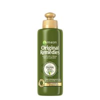 Bottle  of  Garnier  Original  Remedies  Olive  Oil  Leave-On  Cream  by  Garnier,  a  no-rinse  cream  indicated  for  nourishing  and  detangling  dry  hair.