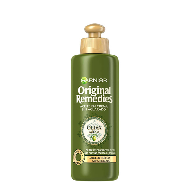 GarnierOriginalRemediesOliveOilLeave-OnCream200ml Bottle of Garnier Original Remedies Olive Oil Leave-On Cream by Garnier, a no-rinse cream indicated for nourishing and detangling dry hair.