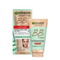 Tube  of  Garnier  SkinActive  BB  Cream  Anti-Age  Medium  Tone  by  Garnier,  a  fluid  cream  indicated  for  reducing  wrinkles  and  firming  skin.