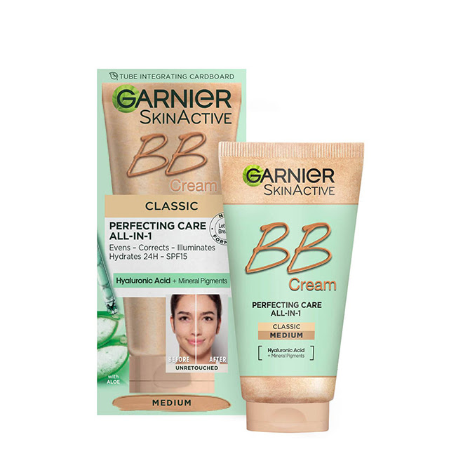 GarnierSkinActiveBBCreamClassicMediumTone50ml Tube of Garnier SkinActive BB Cream Classic Medium Tone by Garnier, a fluid cream indicated for moisturizing and evening the complexion.