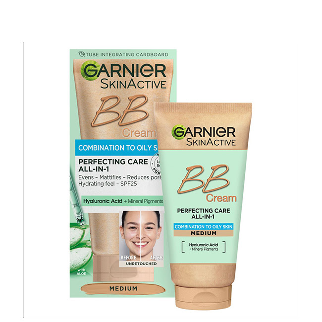 GarnierSkinActiveBBCreamOilyandCombinationSkinMediumTone50ml Tube of Garnier SkinActive BB Cream Oily and Combination Skin Medium Tone by Garnier, a fluid cream indicated for mattifying skin.