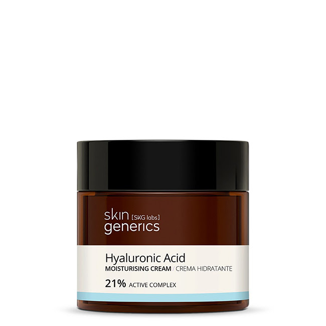 SkinGenericsHyaluronicAcidMoisturizingCream50ml Jar of Skin Generics Hyaluronic Acid Moisturizing Cream by Skin Generics, a smooth cream indicated for intense skin hydration.