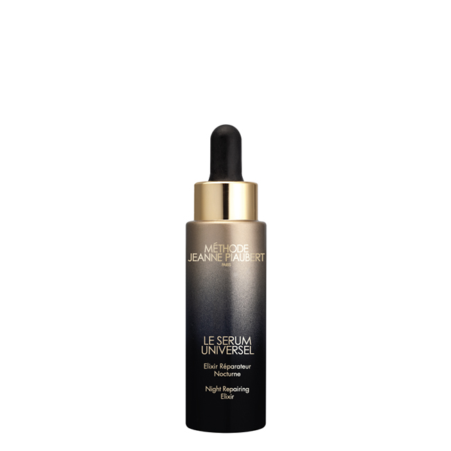 JeannePiaubertLeSérumUniverselNightRepairingElixir30ml Bottle of Jeanne Piaubert Le Sérum Universel Night Repairing Elixir, a serum indicated for smoothing wrinkles and cell repair.