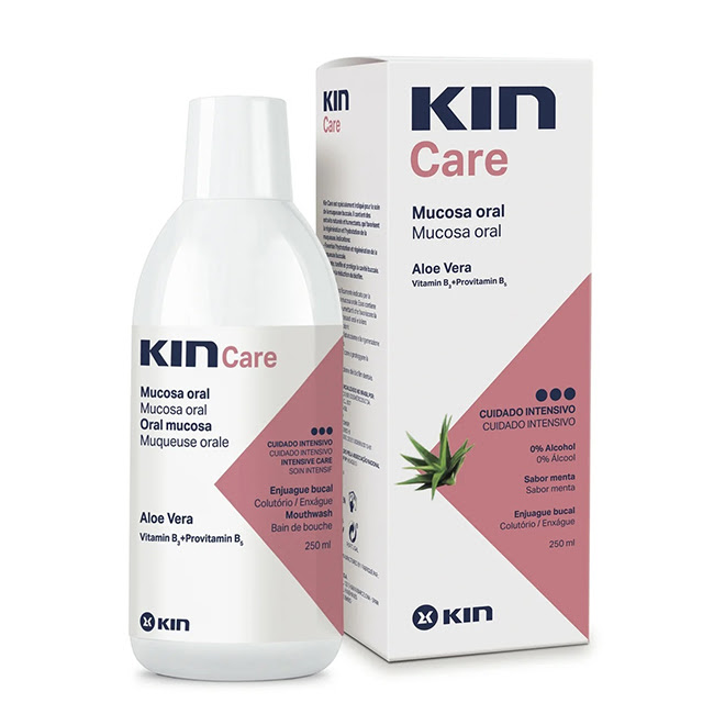 KinCareMouthwash250ml Bottle of Kin Care Mouthwash by Kin, a liquid mouthwash indicated for moisturizing and strengthening the affected oral mucosa.