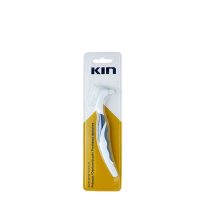 Product  container  of  Kin  Denture  Brush  Toothbrush  by  Kin,  a  manual  toothbrush  indicated  for  the  daily  hygiene  of  dentures  and  mouthguards.