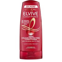 Bottle  of  LOreal  Elvive  Color  Vive  Color  Protect  Conditioner  by  LOreal  Paris,  a  conditioner  indicated  for  protecting  colored  hair.